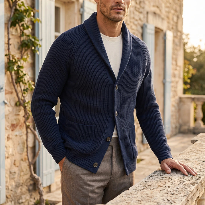 Fenwick Ribbed Shawl Collar Cardigan - Navy