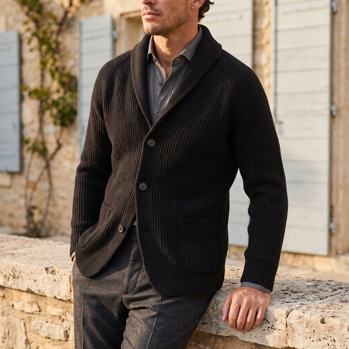 Fenwick Ribbed Shawl Collar Cardigan - Black
