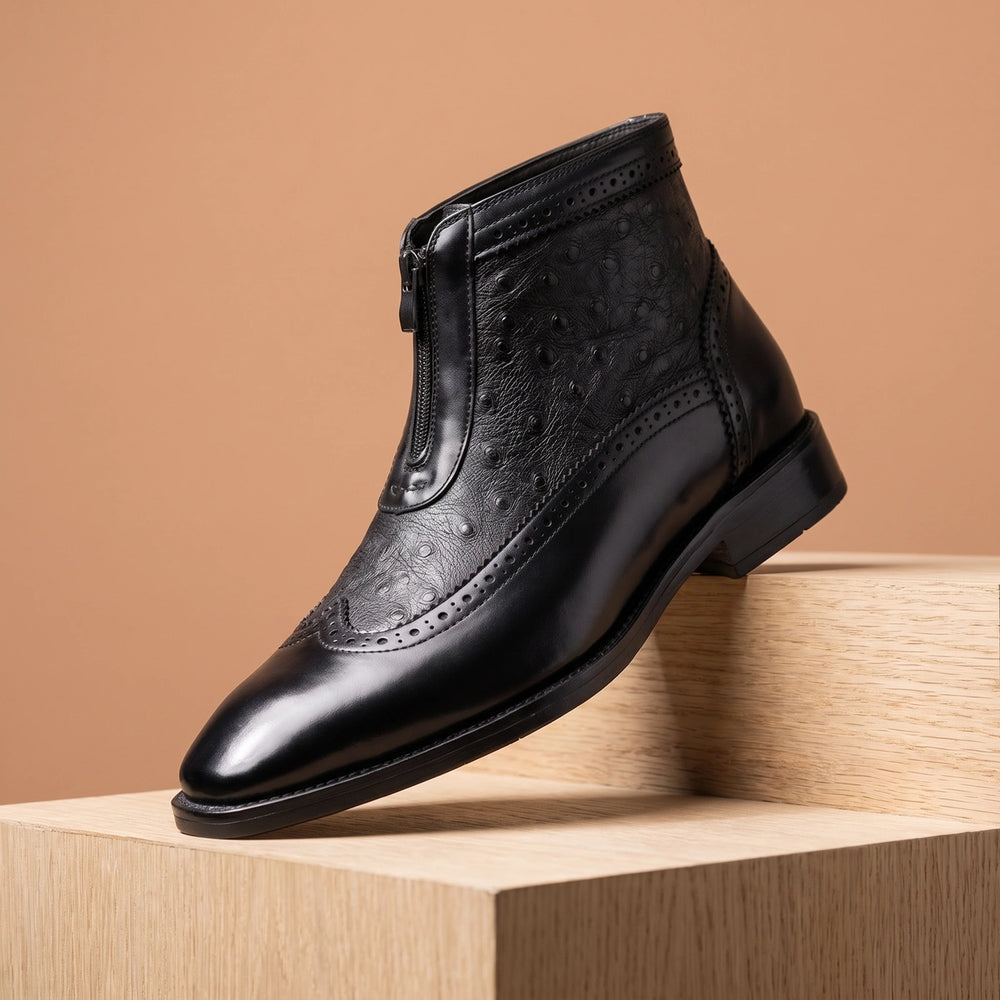 Ferdinand Ostrich Embossed Front Zip Leather Boots - Black