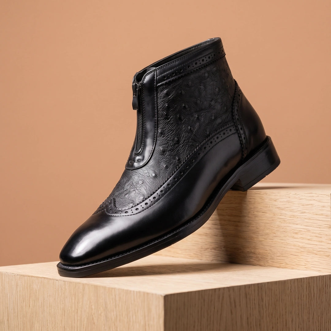 Ferdinand Ostrich Embossed Front Zip Leather Boots - Black