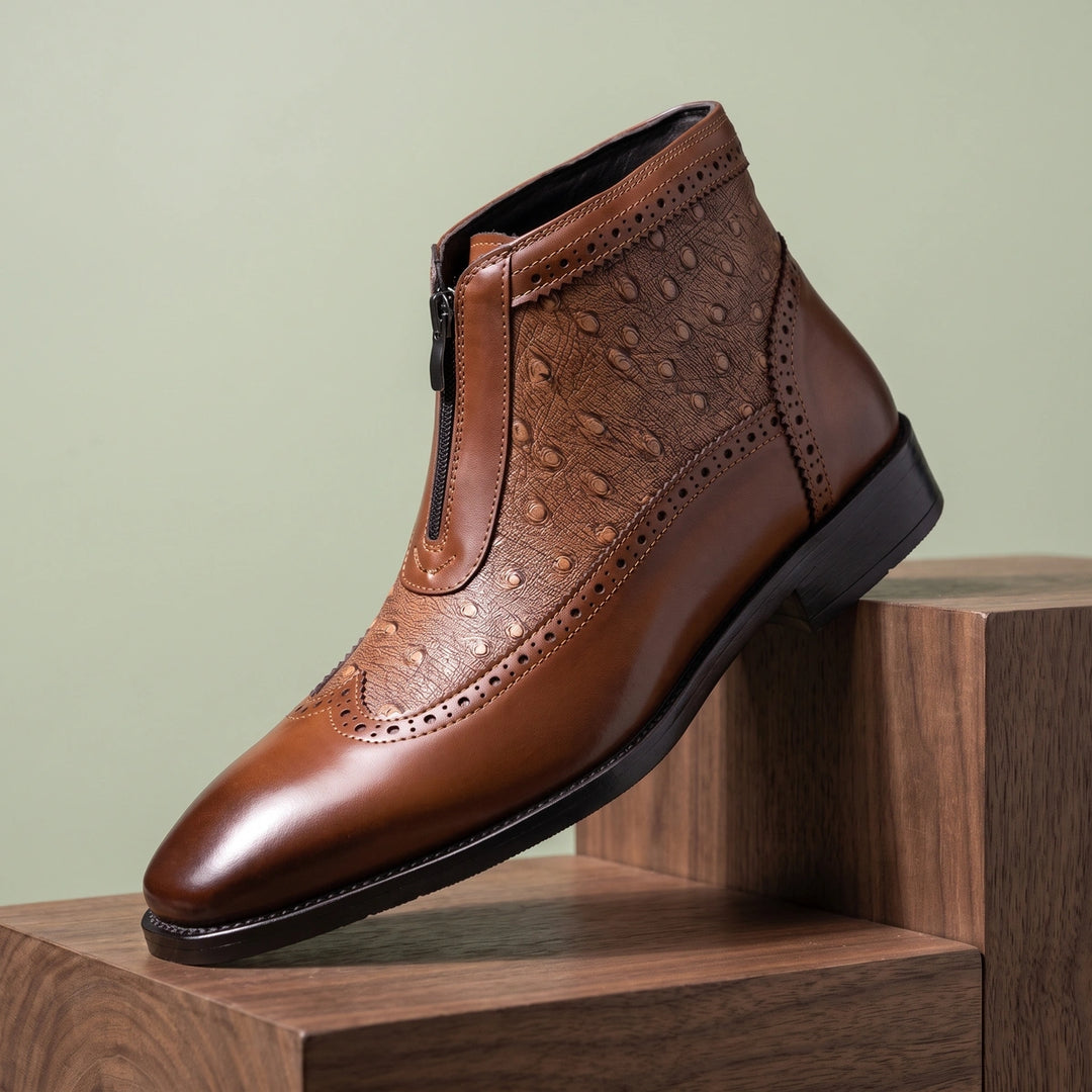Ferdinand Ostrich Embossed Front Zip Leather Boots - Brown