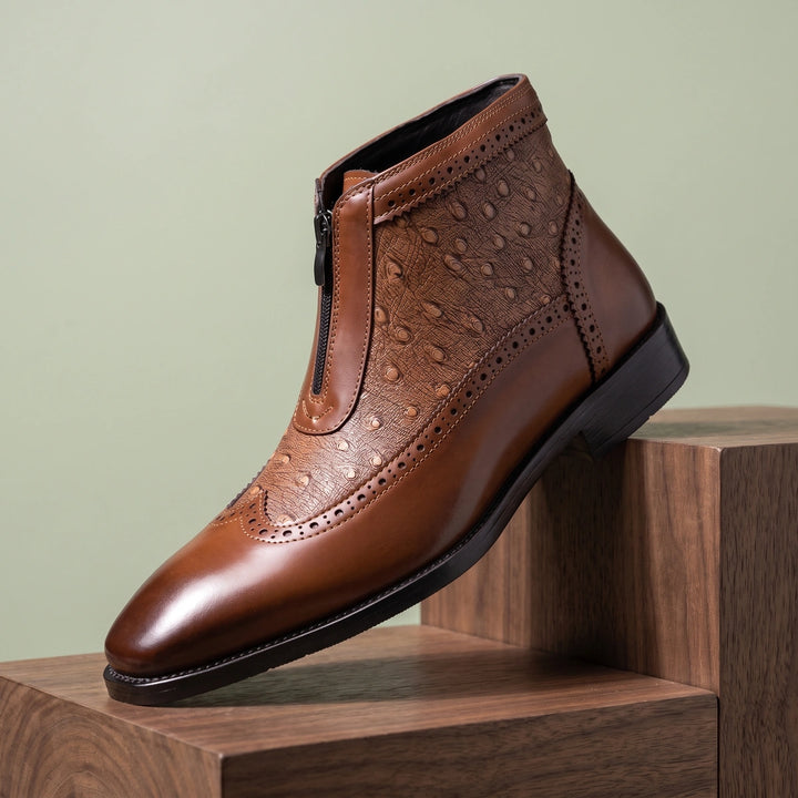 Ferdinand Ostrich Embossed Front Zip Leather Boots - Brown