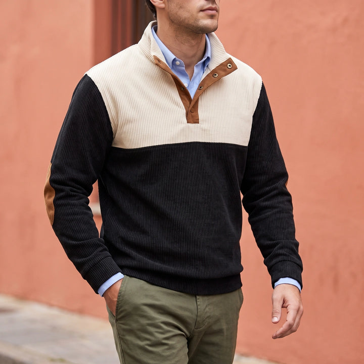 Fergal Colorblock Corduroy Snap Placket Pullover - Black