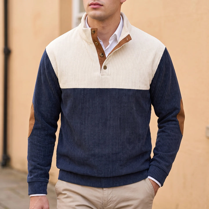 Fergal Colorblock Corduroy Snap Placket Pullover - Blue