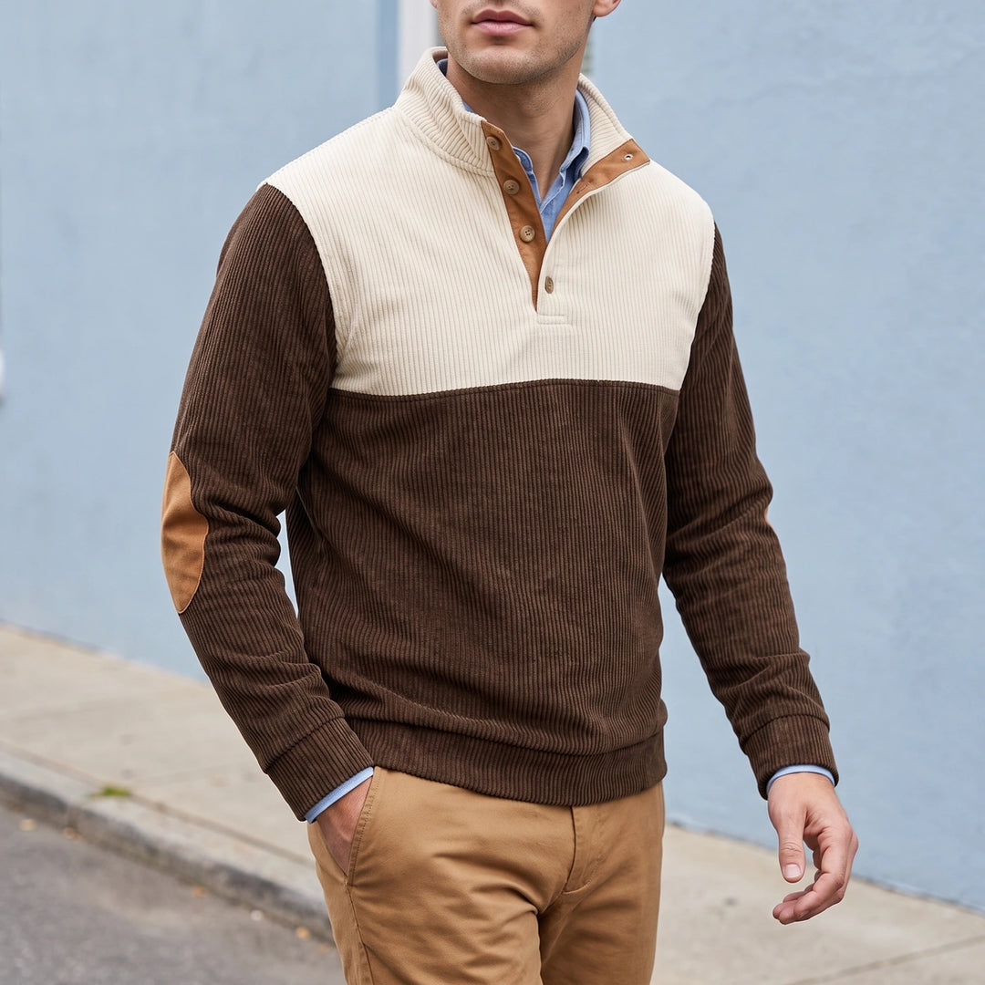Fergal Colorblock Corduroy Snap Placket Pullover - Brown