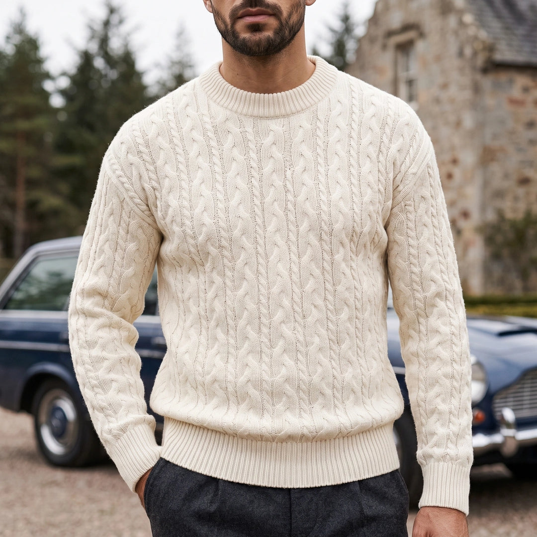 Fergus Cable Knit Wool Blend Crew Sweater - Beige