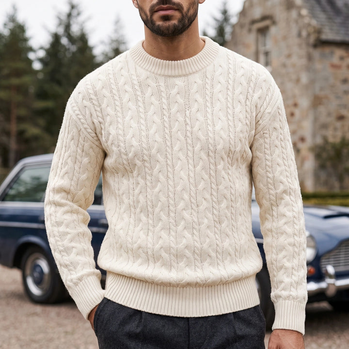 Fergus Cable Knit Wool Blend Crew Sweater - Beige