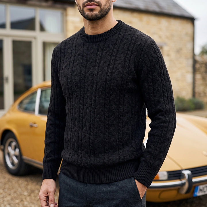 Fergus Cable Knit Wool Blend Crew Sweater - Black