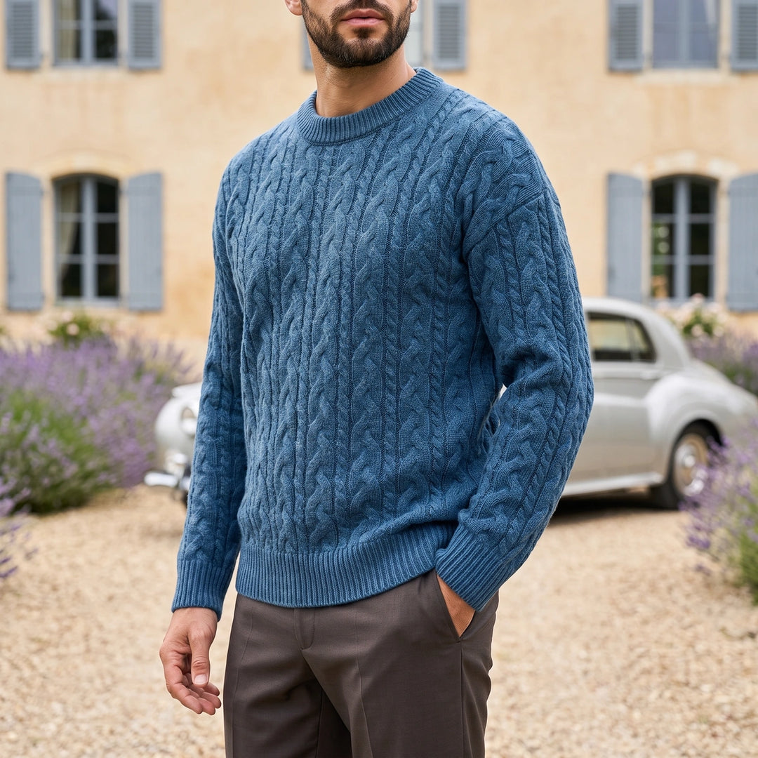 Fergus Cable Knit Wool Blend Crew Sweater - Navy Blue