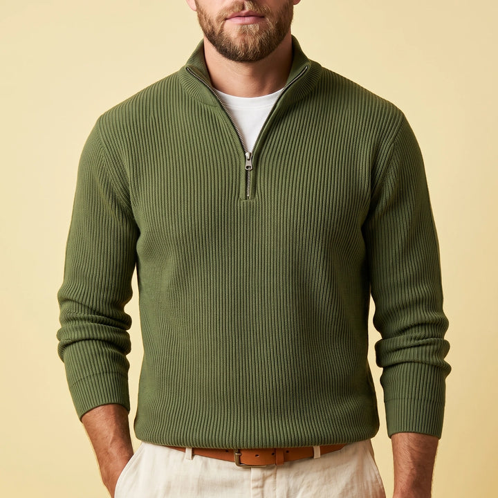 Finnegan Ribbed Half Zip Sweater - Olive