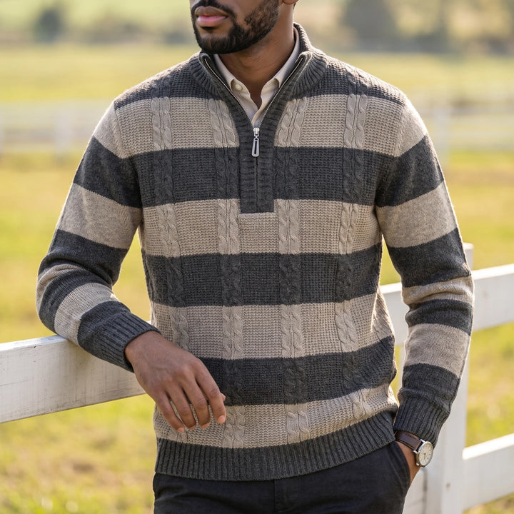 Florent Block Stripe Cable Knit Zip Neck Sweater - Brown