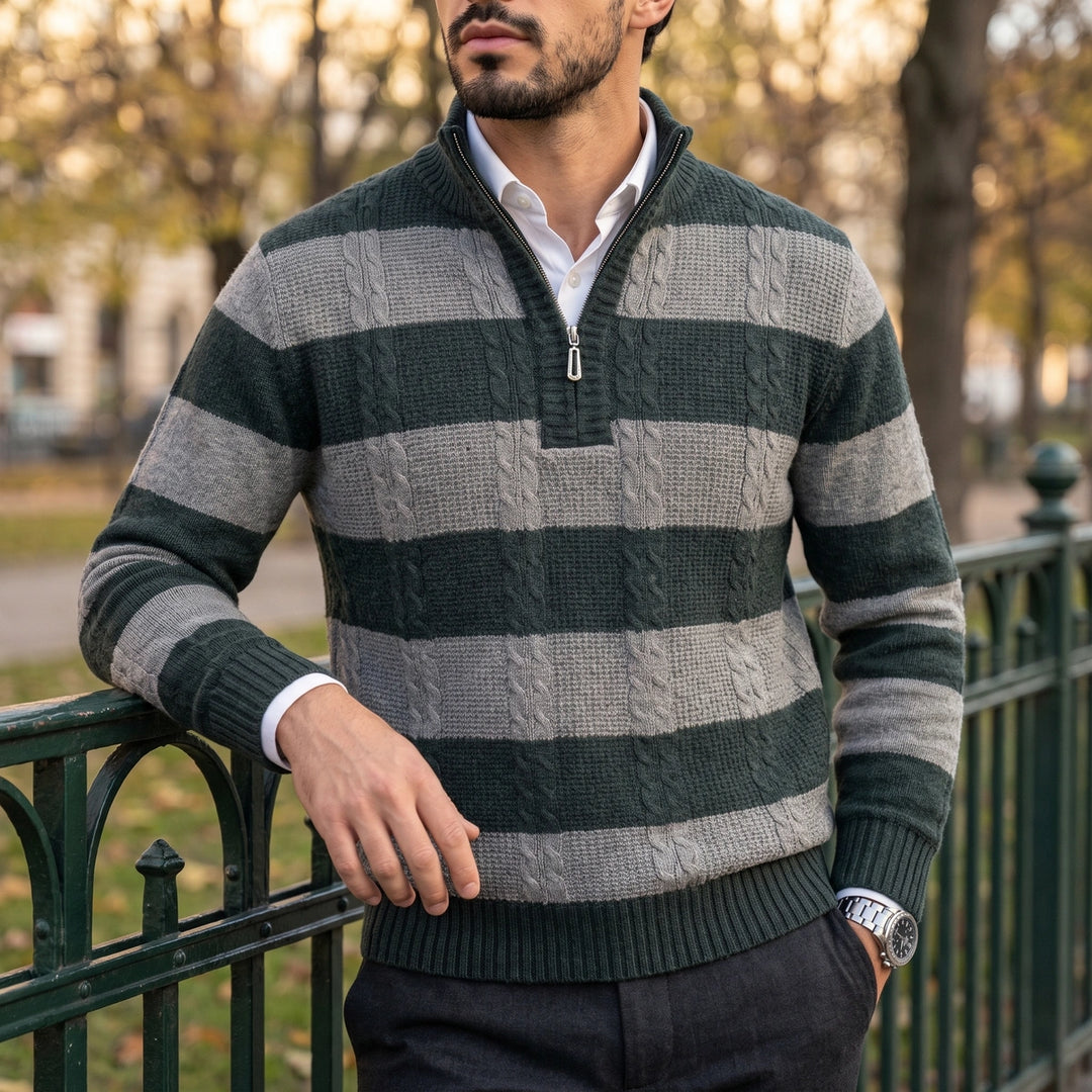 Florent Block Stripe Cable Knit Zip Neck Sweater - Gray