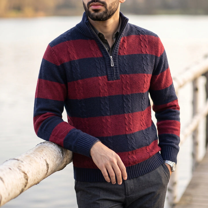 Florent Block Stripe Cable Knit Zip Neck Sweater - Navy Red