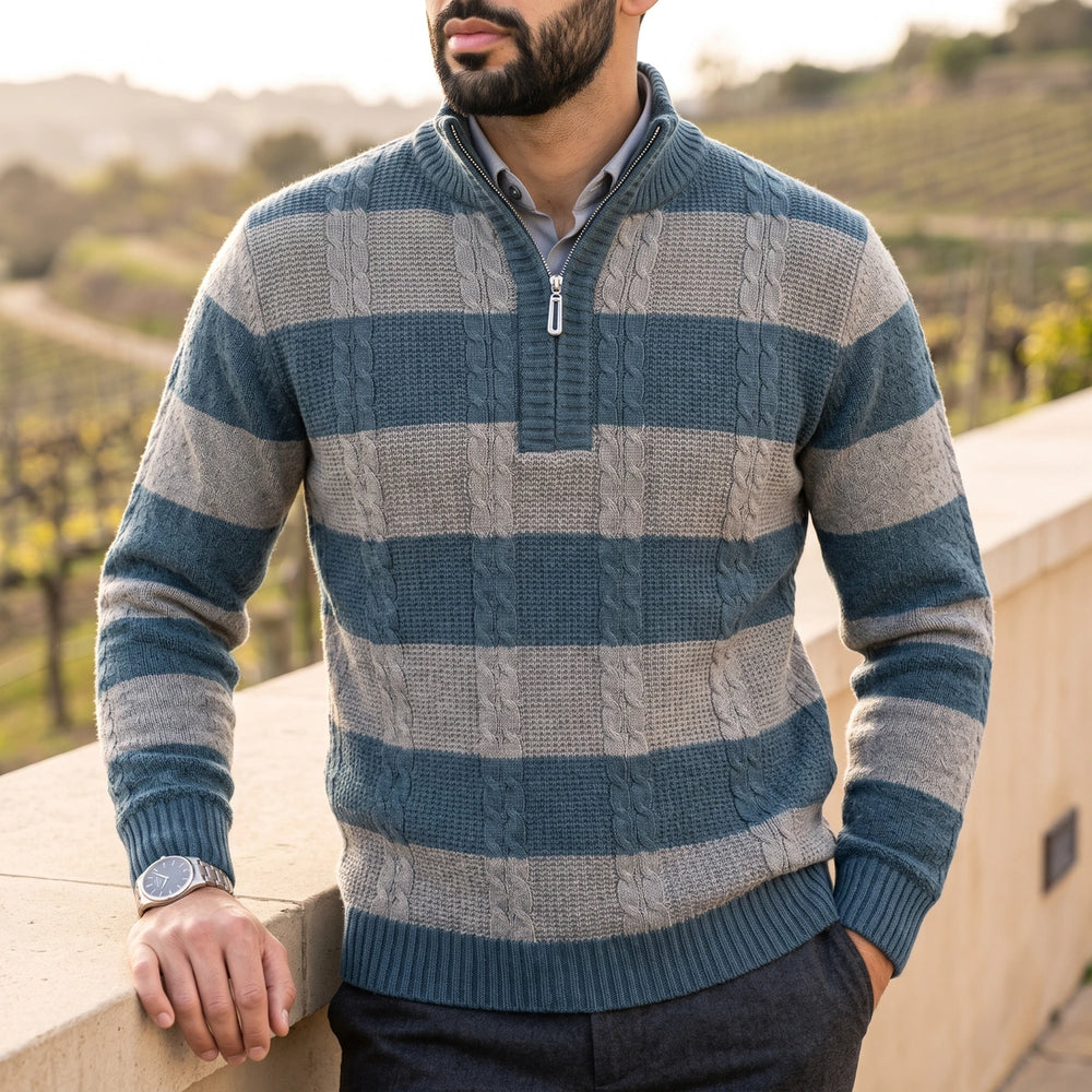 Florent Block Stripe Cable Knit Zip Neck Sweater - Teal