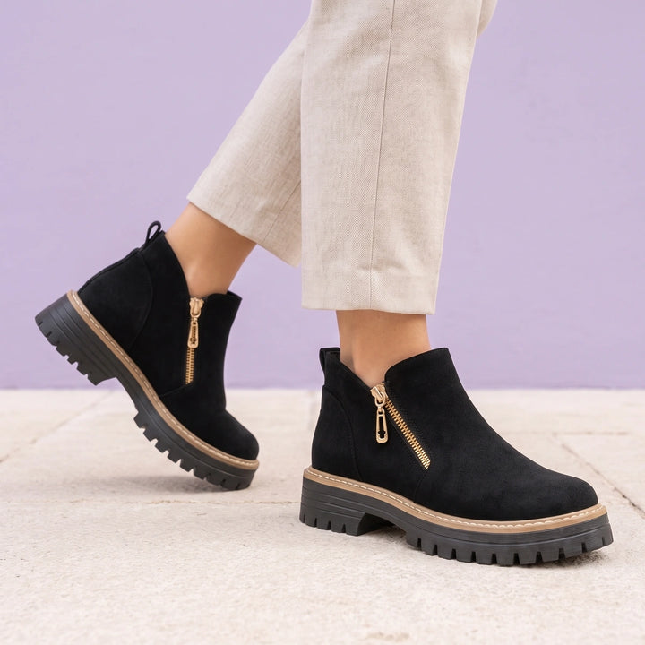 Gabriella Suede Lug Sole Side Zip Chelsea Boots - Black