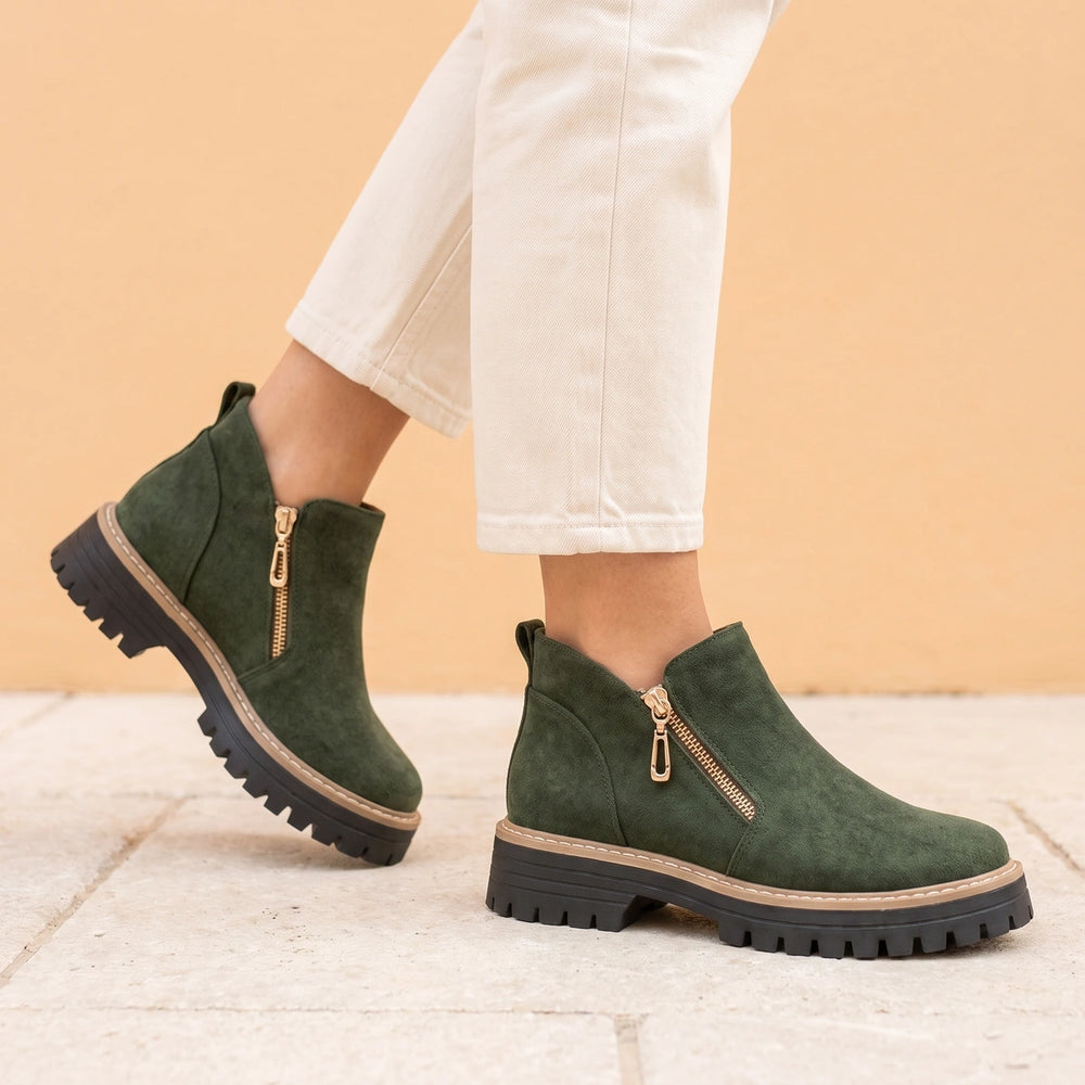Gabriella Suede Lug Sole Side Zip Chelsea Boots - Green