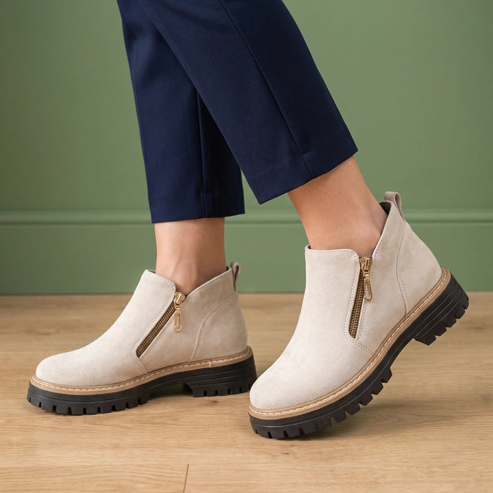 Gabriella Suede Lug Sole Side Zip Chelsea Boots - Off White