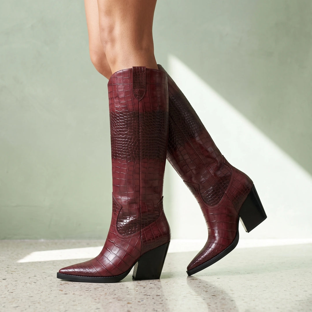Gemma Croc Embossed Pointed Toe Knee High Boots - Wine Red