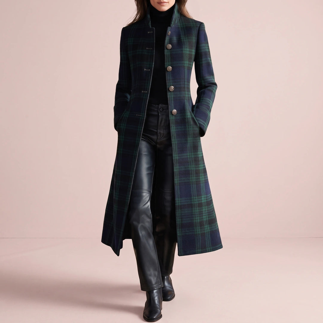Georgette Plaid Wool Blend Stand Collar Coat - Green
