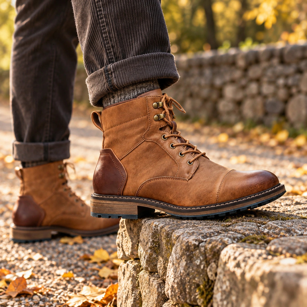 Gerald Burnished Leather Cap Toe Boots - Oak Tan