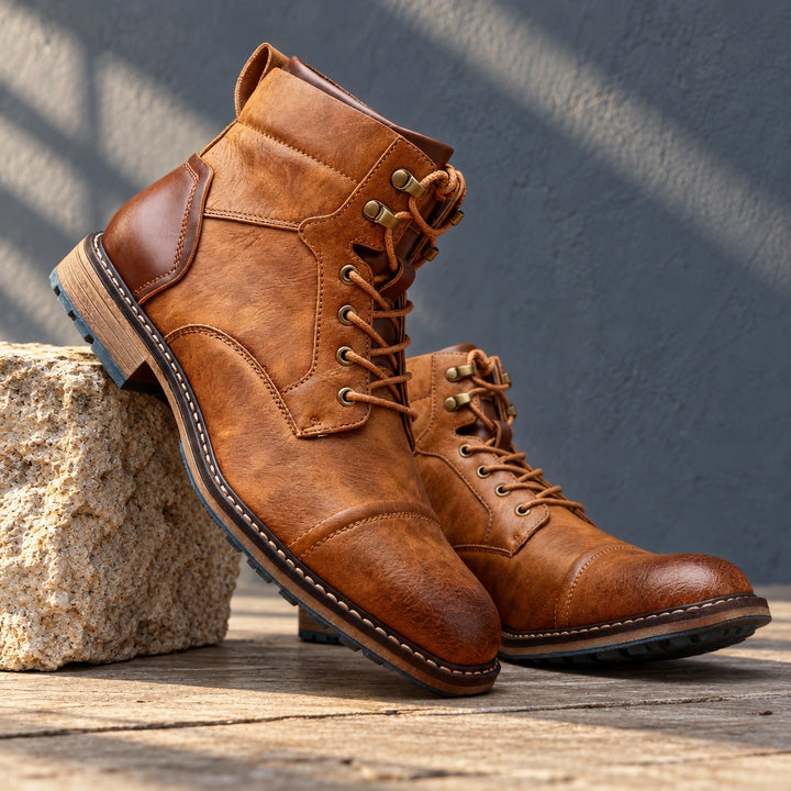 Gerald Burnished Leather Cap Toe Boots - Oak Tan