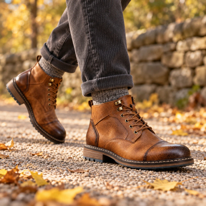 Gerald Burnished Leather Cap Toe Boots - Saddle Brown