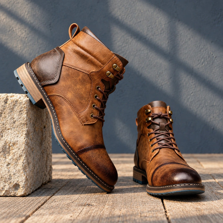 Gerald Burnished Leather Cap Toe Boots - Saddle Brown