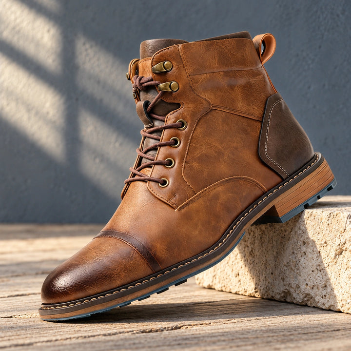 Gerald Burnished Leather Cap Toe Boots - Saddle Brown