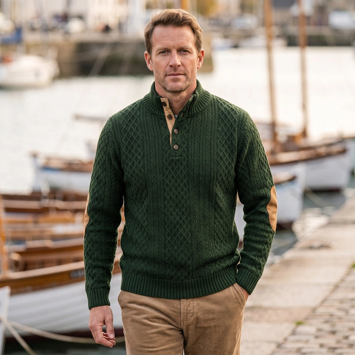 Gervase Cable Knit Elbow Patch Button Mock Neck Sweater - Army Green