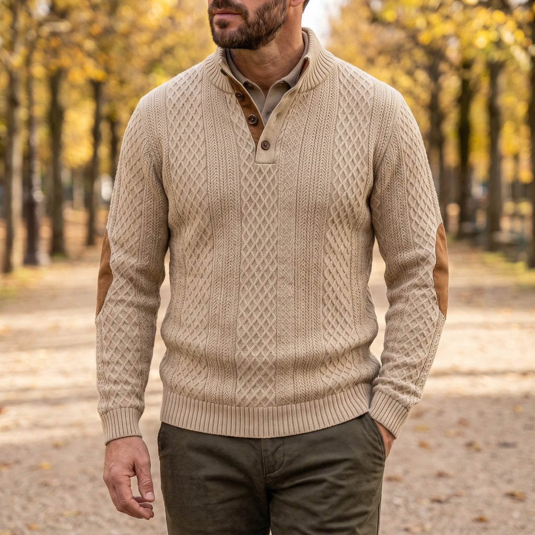 Gervase Cable Knit Elbow Patch Button Mock Neck Sweater - Beige