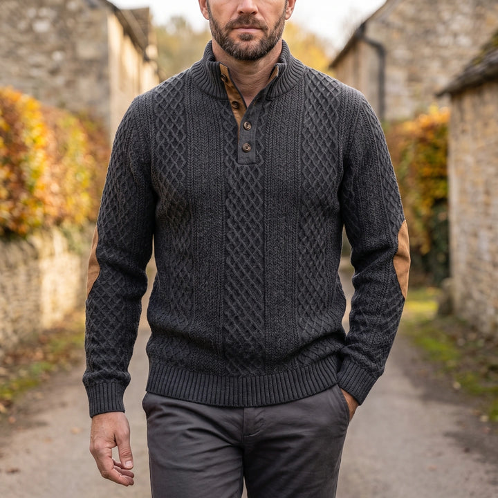 Gervase Cable Knit Elbow Patch Button Mock Neck Sweater - Dark Gray
