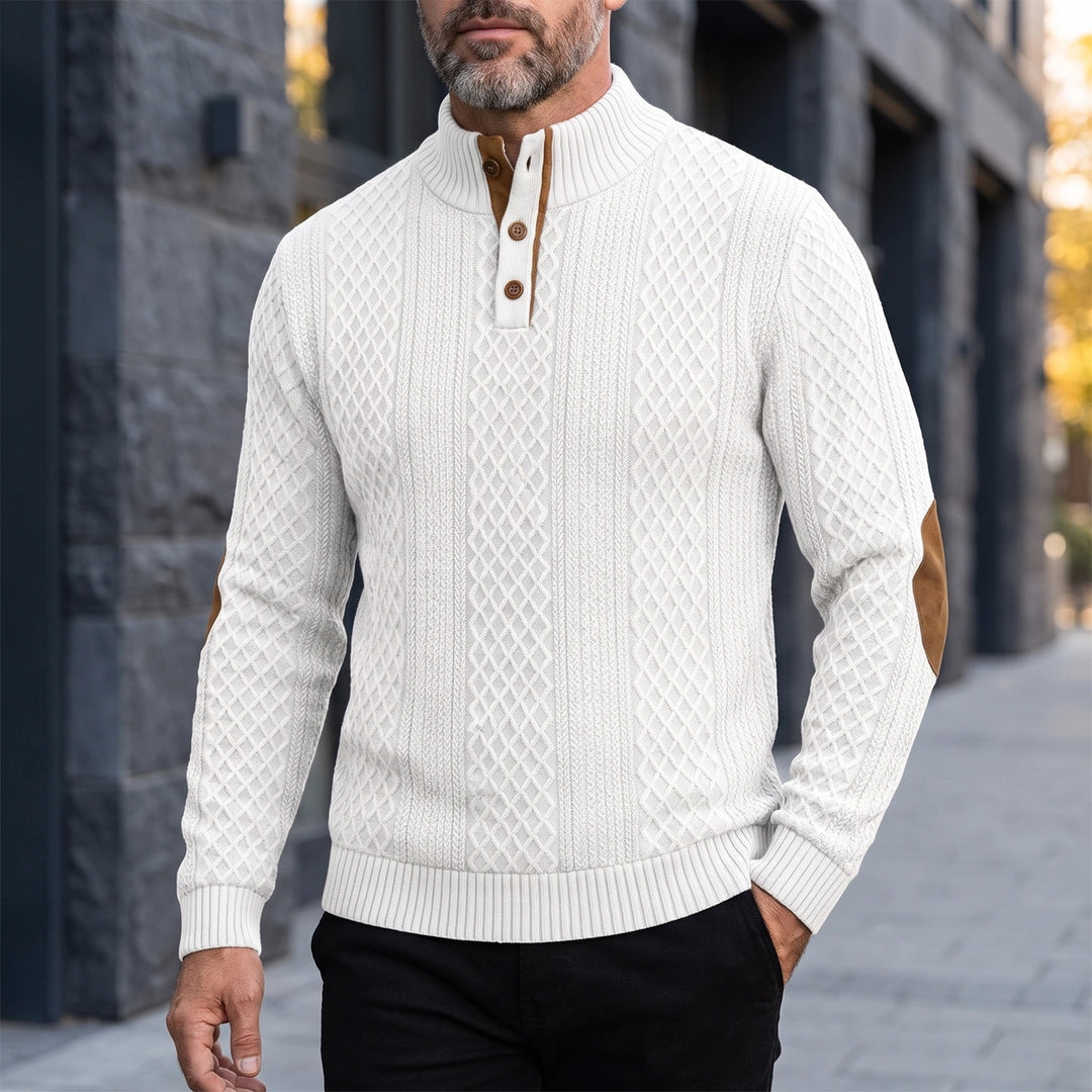 Gervase Cable Knit Elbow Patch Button Mock Neck Sweater - White