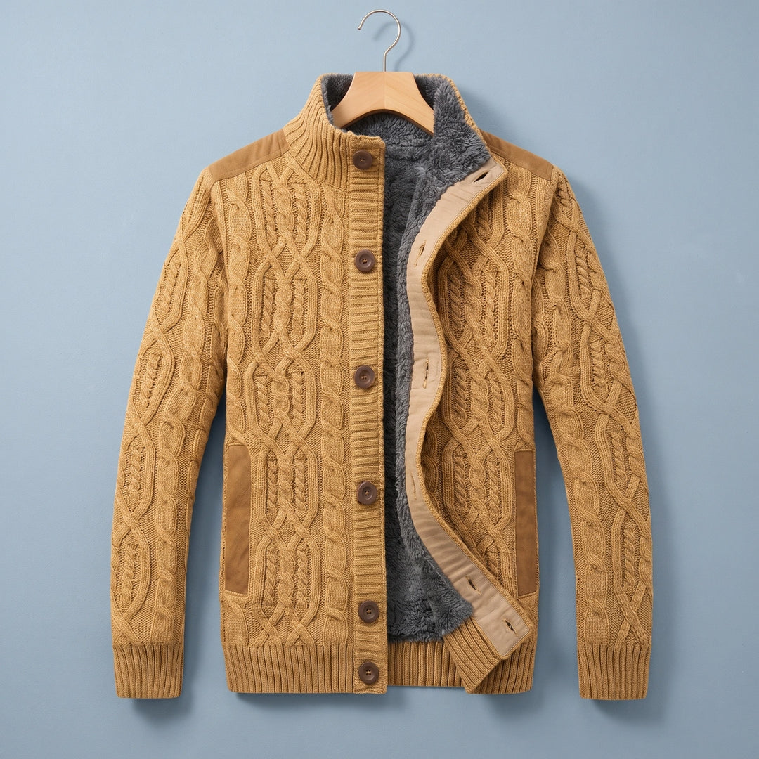 Gideon Fleece Lined Cable Knit Cardigan - Khaki