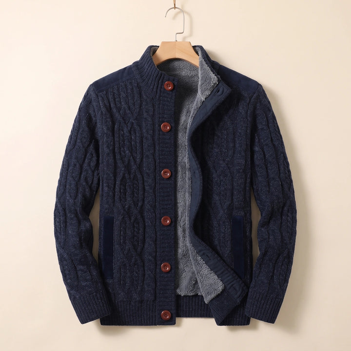 Gideon Fleece Lined Cable Knit Cardigan - Navy