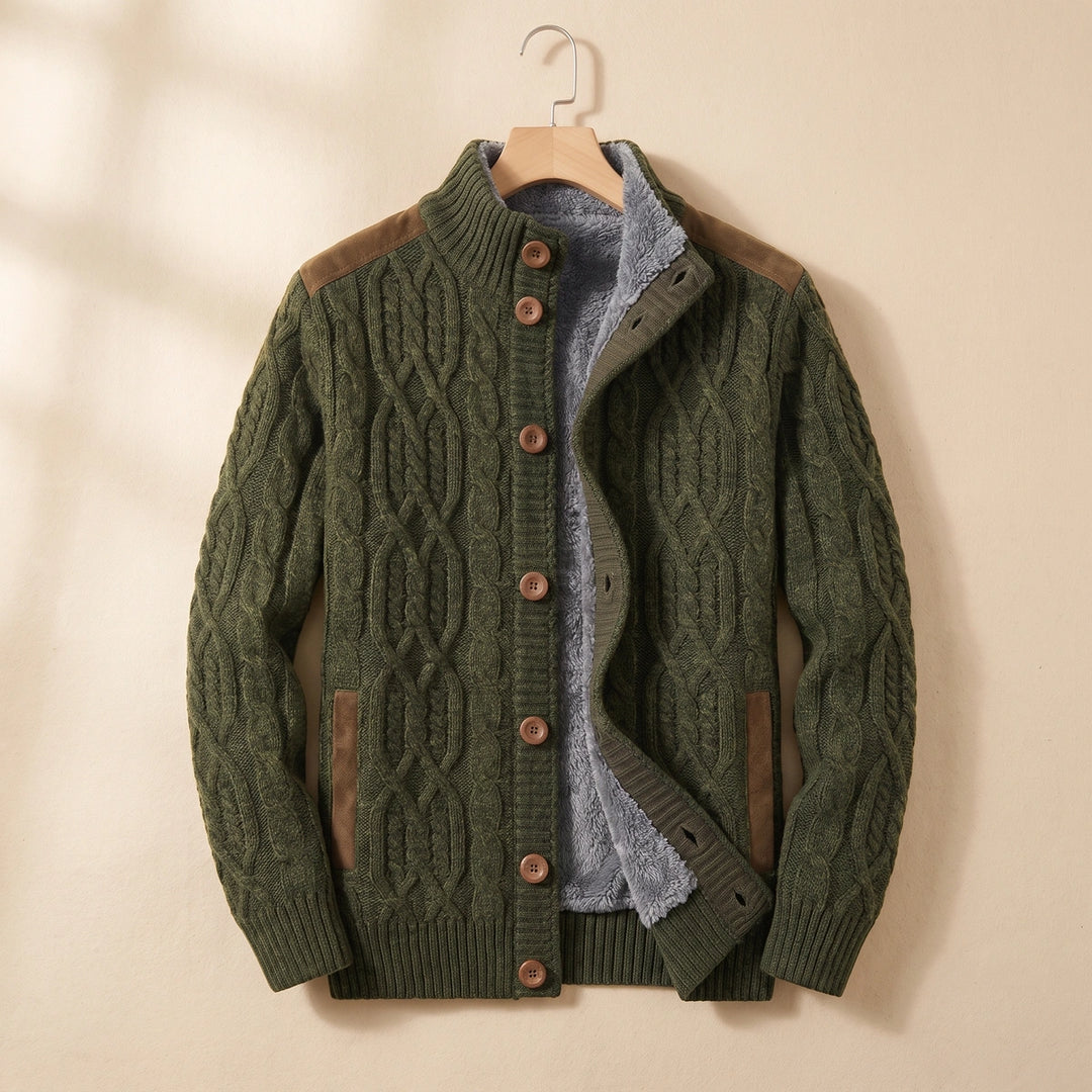 Gideon Fleece Lined Cable Knit Cardigan - Olive
