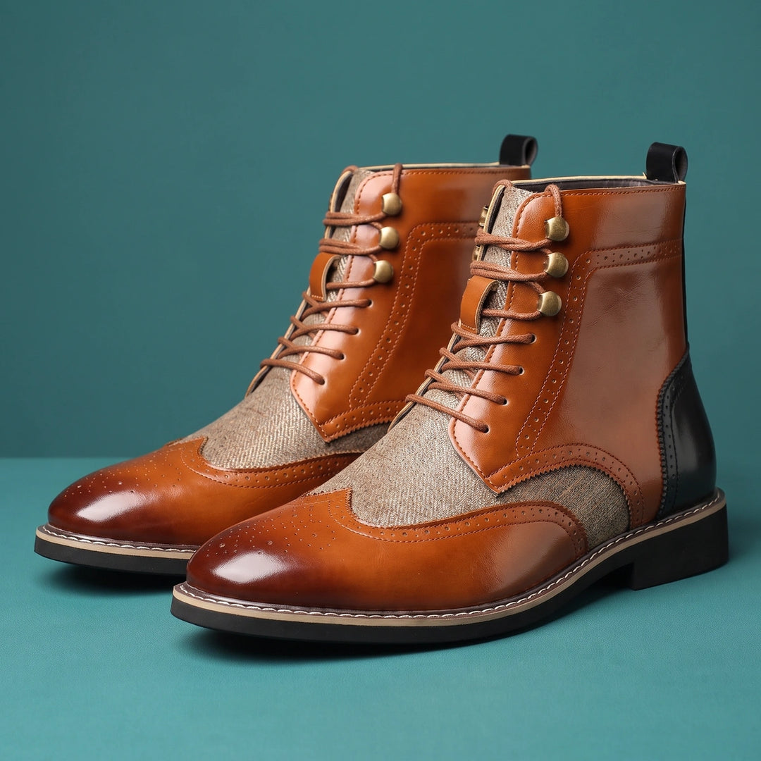 Gilbert Full Grain Wingtip Brogue Lace Up Boots - Cognac