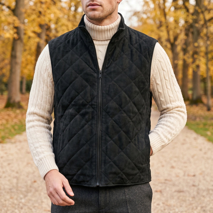 Giles Diamond Quilted Microsuede Zip Vest - Black