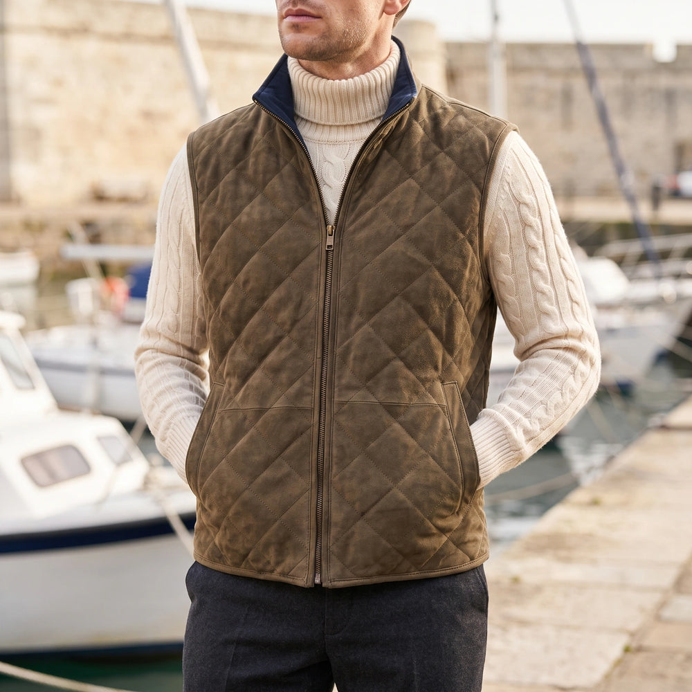 Giles Diamond Quilted Microsuede Zip Vest - Brown