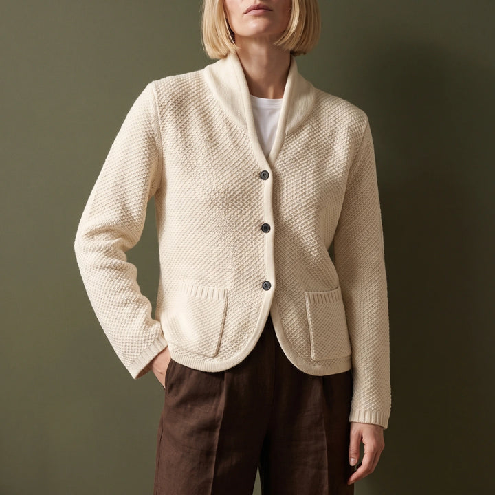 Giulia Moss Stitch Patch Pocket Button Cardigan - White