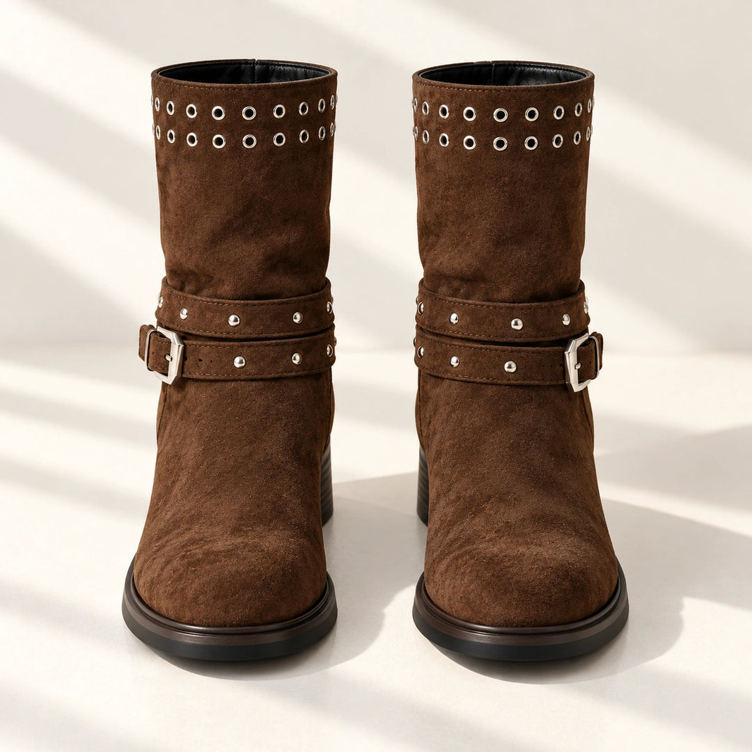 Gloria Studded Buckle Strap Suede Mid-Calf Boots - Brown