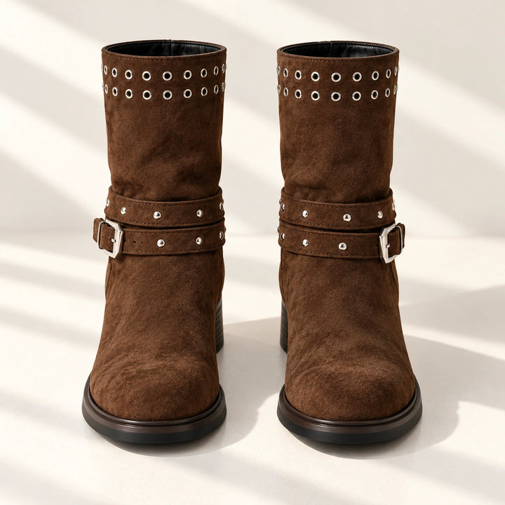 Gloria Studded Buckle Strap Suede Mid-Calf Boots - Brown