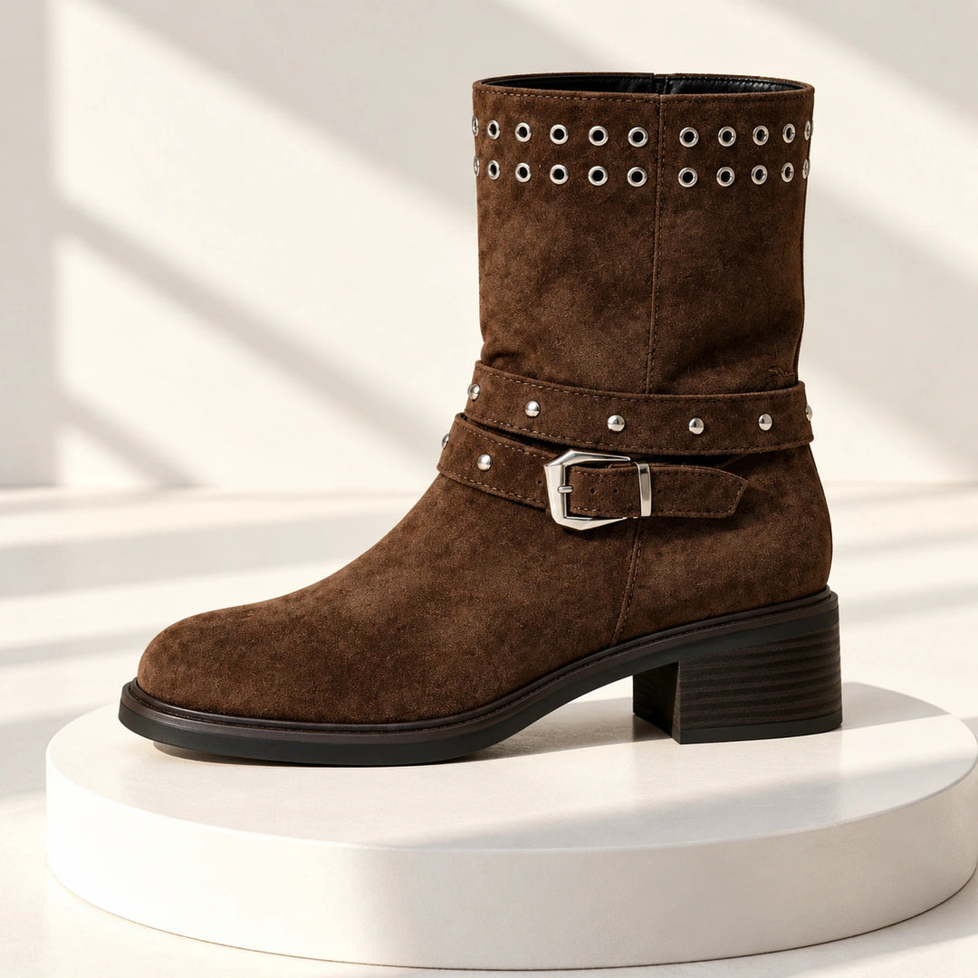 Gloria Studded Buckle Strap Suede Mid-Calf Boots - Brown
