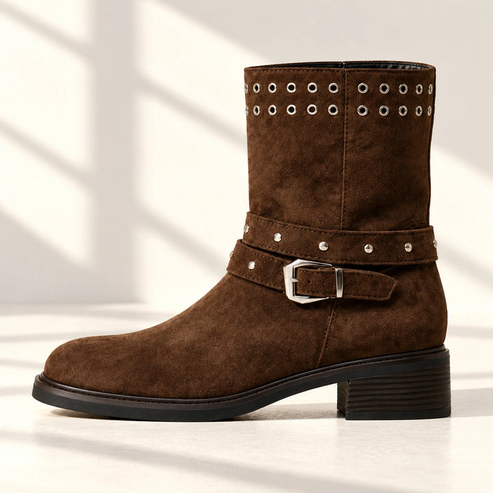 Gloria Studded Buckle Strap Suede Mid-Calf Boots - Brown