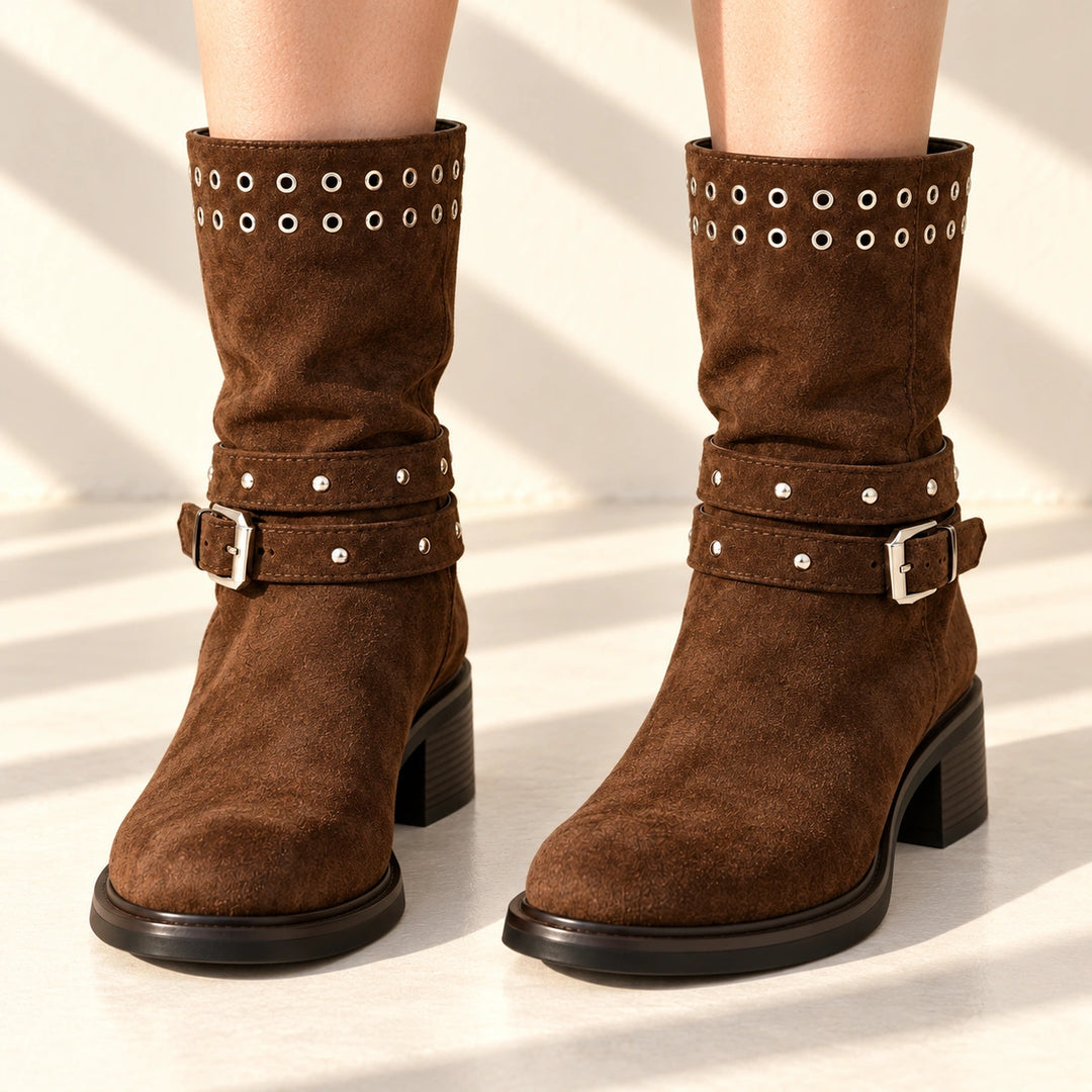 Gloria Studded Buckle Strap Suede Mid-Calf Boots - Brown