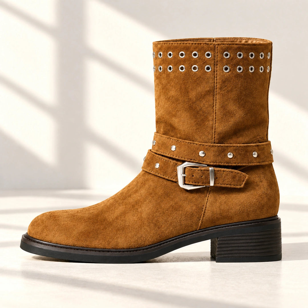 Gloria Studded Buckle Strap Suede Mid-Calf Boots - Khaki