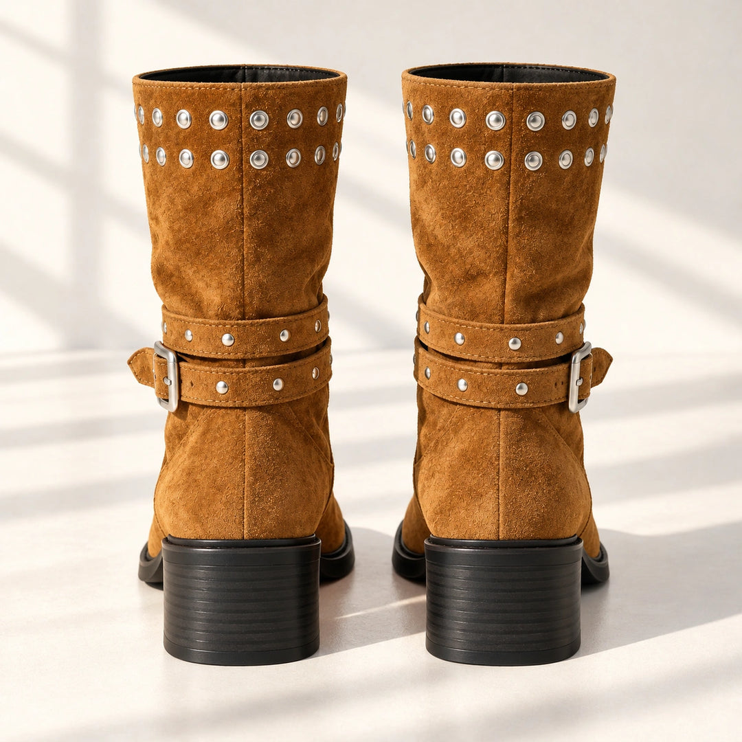Gloria Studded Buckle Strap Suede Mid-Calf Boots - Khaki