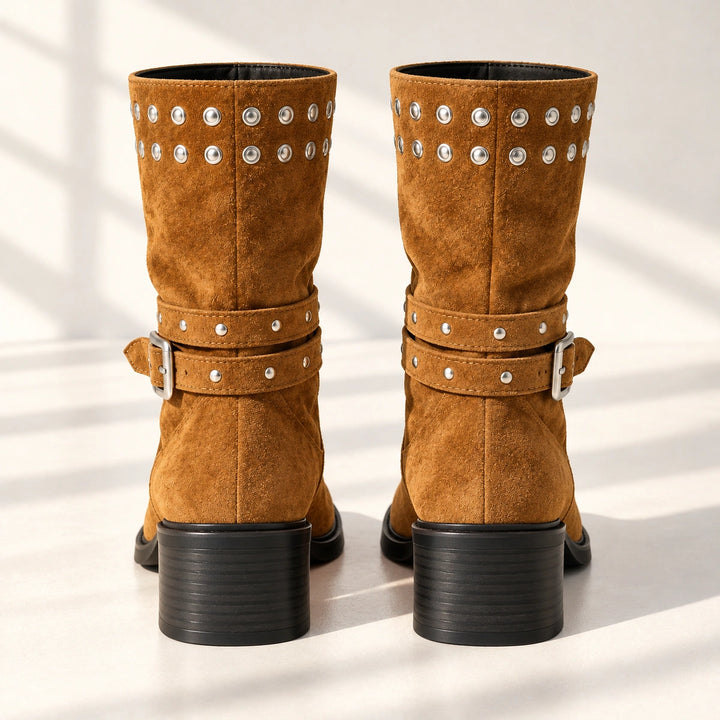 Gloria Studded Buckle Strap Suede Mid-Calf Boots - Khaki