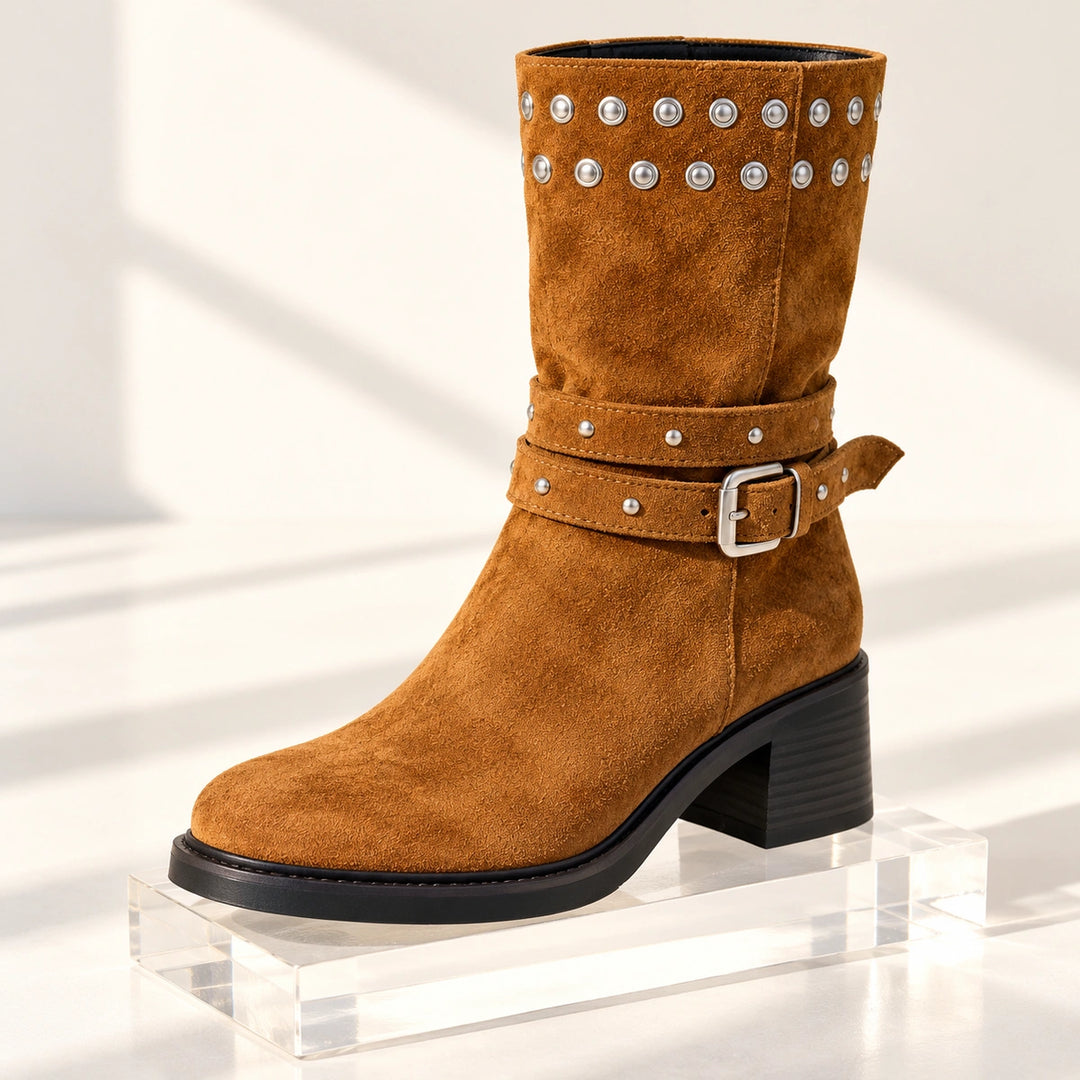 Gloria Studded Buckle Strap Suede Mid-Calf Boots - Khaki