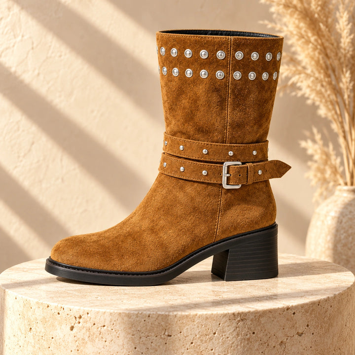 Gloria Studded Buckle Strap Suede Mid-Calf Boots - Khaki