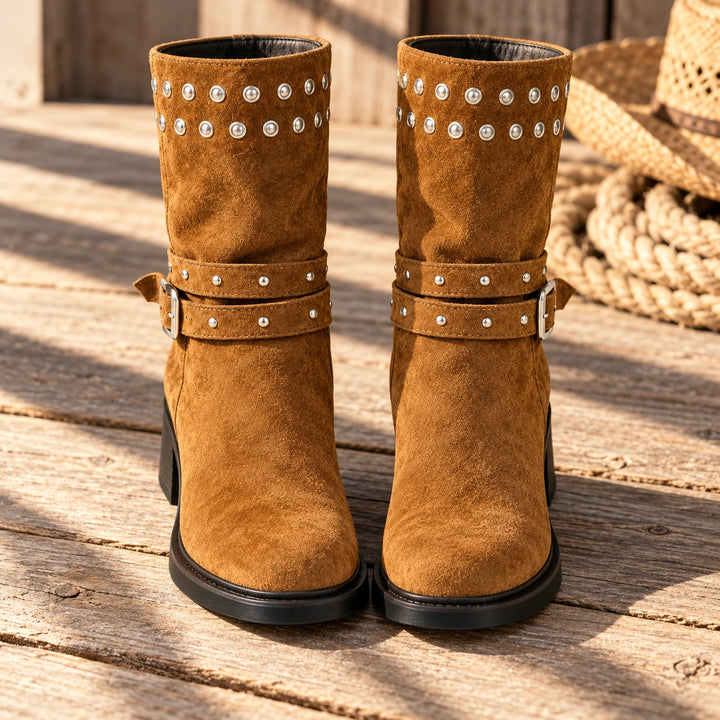 Gloria Studded Buckle Strap Suede Mid-Calf Boots - Khaki